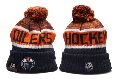 Oilers Team Logo Navy Orange Pom Knit Hat YP