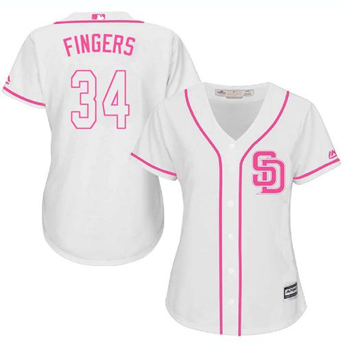 Padres #34 Rollie Fingers White Pink Fashion Women's Stitched MLB Jersey