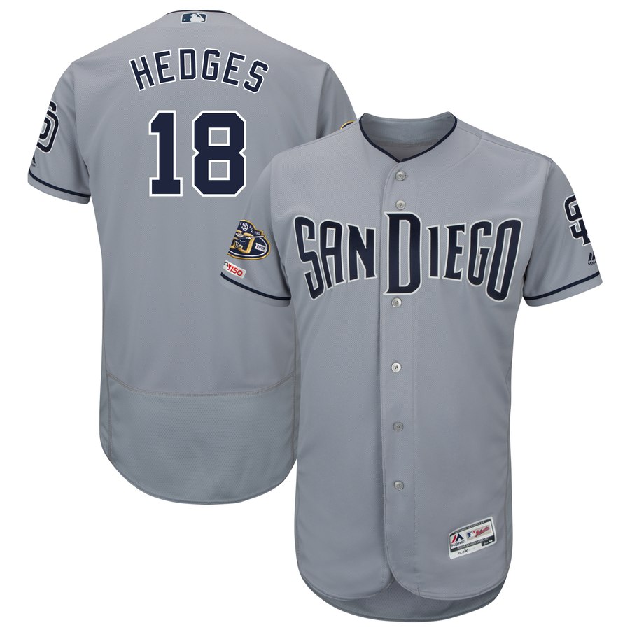 Padres 18 Austin Hedges Gray 50th Anniversary And 150th Patch FlexBase Jersey