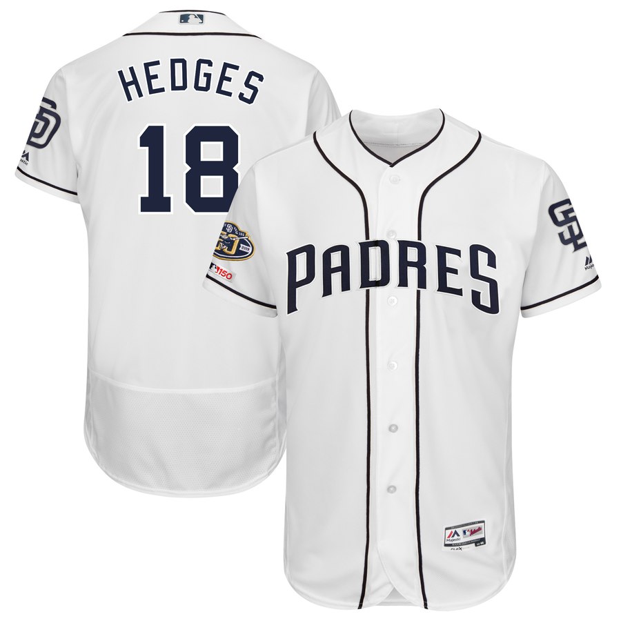 Padres 18 Austin Hedges White 50th Anniversary And 150th Patch FlexBase Jersey