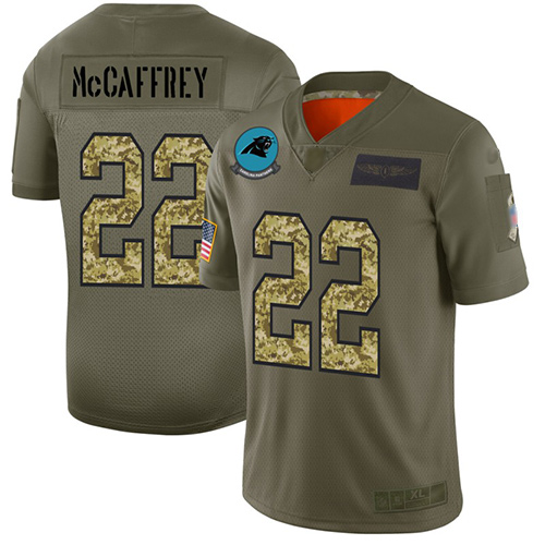 Panthers #22 Christian McCaffrey Olive Camo Men's Stitched Football Limited 2019 Salute To Service Jersey Panthers #22 Christian McCaffrey Olive Camo Men's Stitched Football Limited 2019 Salute To Service Jersey