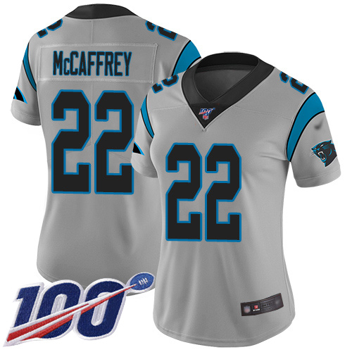 Panthers #22 Christian McCaffrey Silver Women's Stitched Football Limited Inverted Legend 100th Season Jersey Panthers #22 Christian McCaffrey Silver Women's Stitched Football Limited Inverted Legend 100th Season Jersey