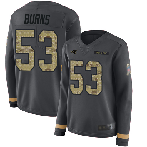 Panthers #53 Brian Burns Anthracite Salute to Service Women's Stitched Football Limited Therma Long Sleeve Jersey Panthers #53 Brian Burns Anthracite Salute to Service Women's Stitched Football Limited Therma Long Sleeve Jersey