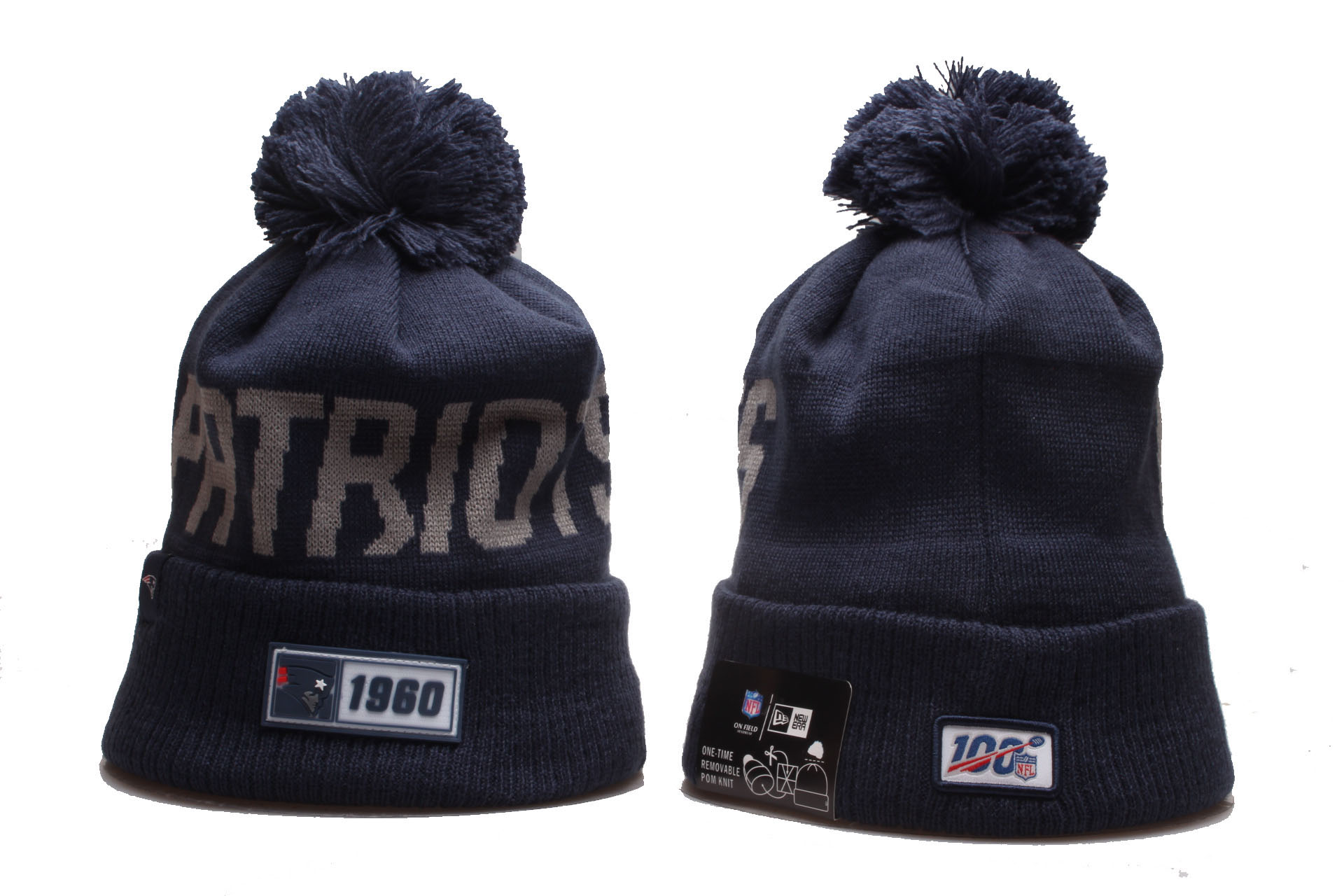 Patriots Team Logo Navy 100th Season Pom Knit Hat YD
