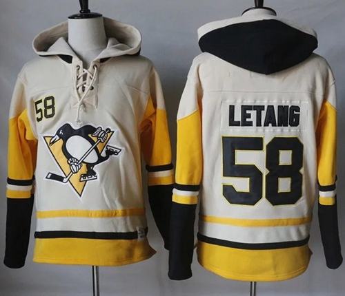 Penguins #58 Kris Letang CreamGold Sawyer Hooded Sweatshirt Stitched NHL Jersey