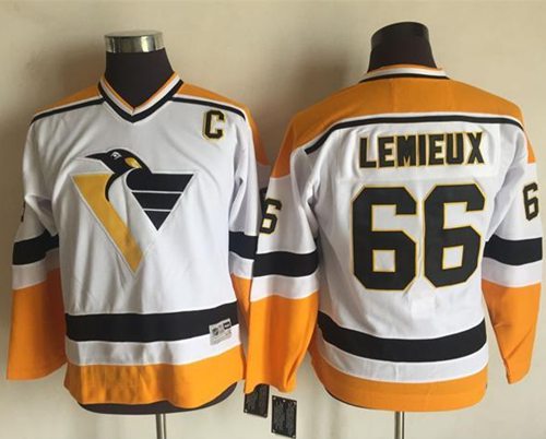 Penguins #66 Mario Lemieux White Yellow CCM Throwback Stitched Youth NHL Jersey