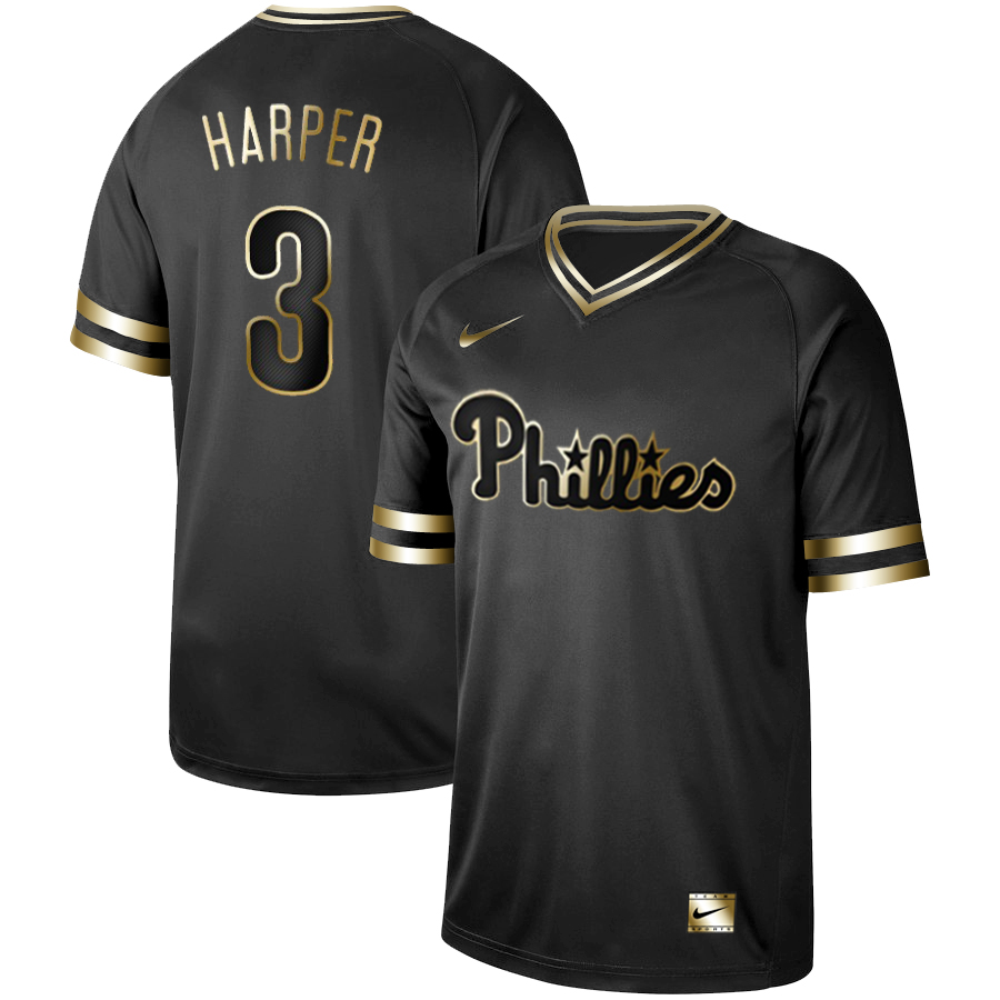 Phillies 3 Bryce Harper Black Gold Nike Cooperstown Collection Legend V Neck Jersey