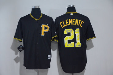 Pirates 21 Roberto Clemente Black Team Logo Print Cool Base Jersey