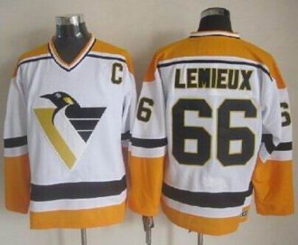 Pittsburgh Penguins #66 Mario Lemieux White Yellow CCM Throwback Stitched NHL Jersey