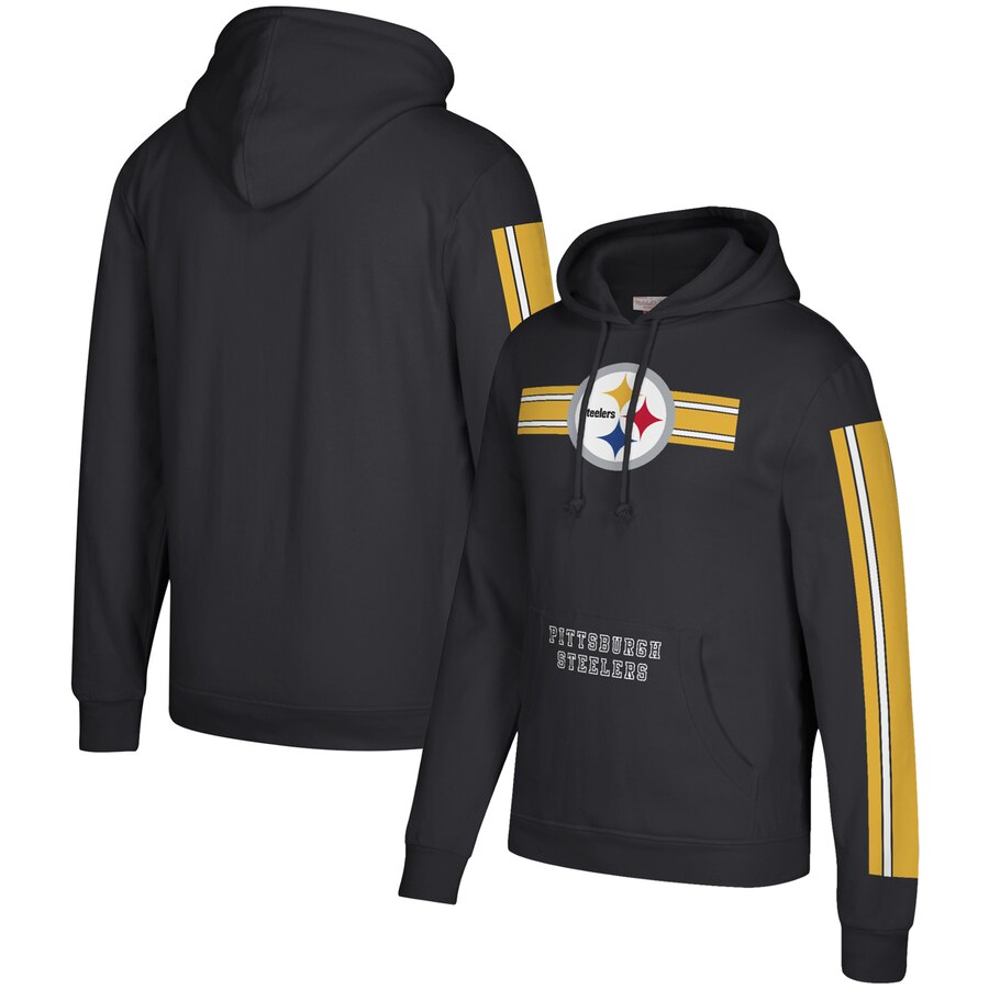 Pittsburgh Steelers Mitchell & Ness Three Stripe Pullover Hoodie Black Pittsburgh Steelers Mitchell & Ness Three Stripe Pullover Hoodie Black