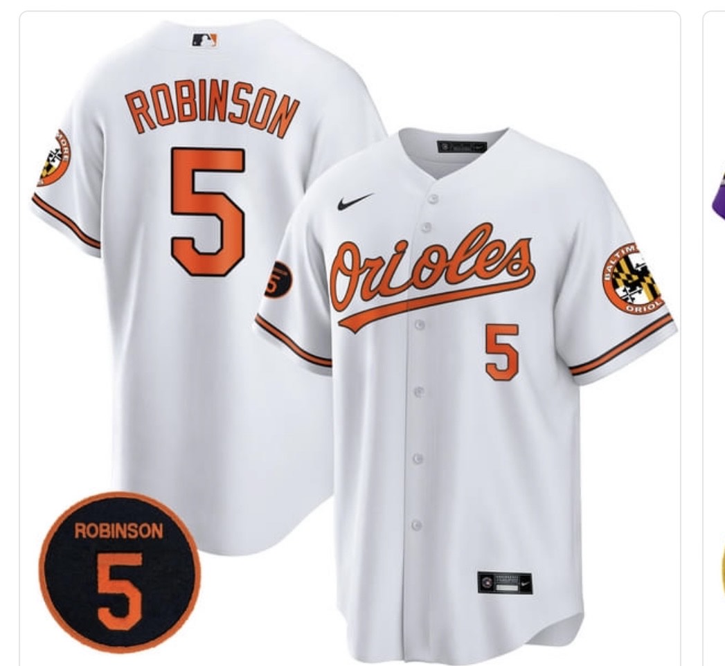 Men's Baltimore Orioles #5 Brooks Robinson White with #5 PATCH Cool Base Stitched Baseball Jersey