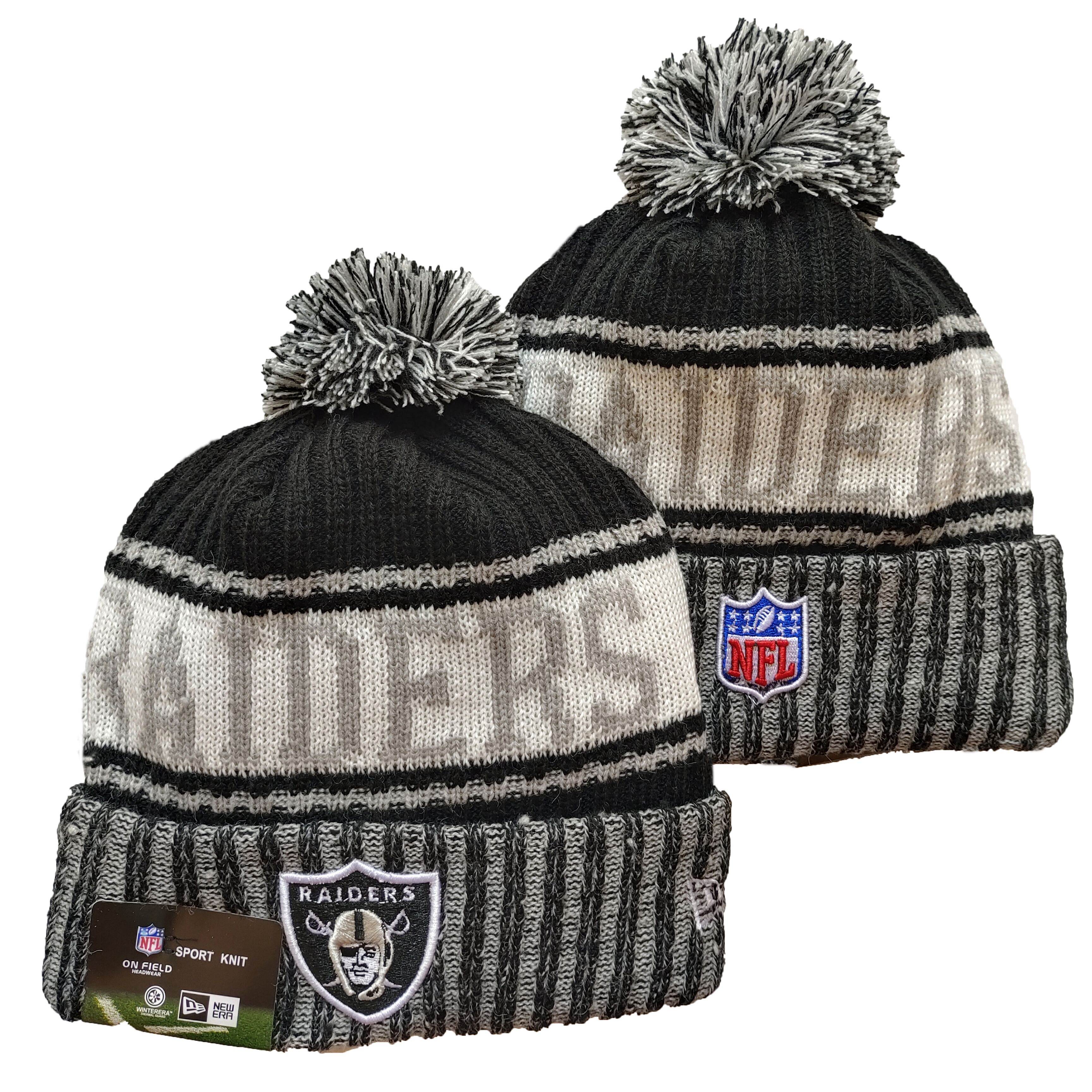 Raiders Team Logo Black And Gray Pom Cuffed Knit Hat -YD