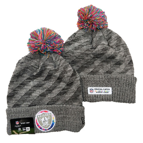 Raiders Team Logo Gray 2020 NFL Crucial Catch Sport Pom Cuffed Knit Hat YD