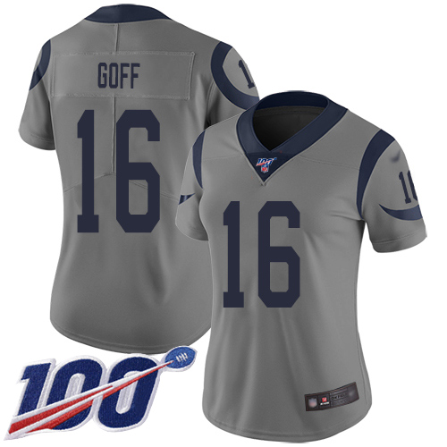 Rams #16 Jared Goff Gray Women's Stitched Football Limited Inverted Legend 100th Season Jersey Rams #16 Jared Goff Gray Women's Stitched Football Limited Inverted Legend 100th Season Jersey