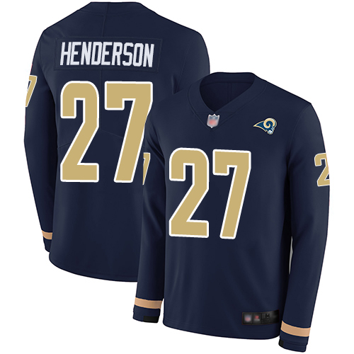 Rams #27 Darrell Henderson Navy Blue Team Color Men's Stitched Football Limited Therma Long Sleeve Jersey Rams #27 Darrell Henderson Navy Blue Team Color Men's Stitched Football Limited Therma Long Sleeve Jersey
