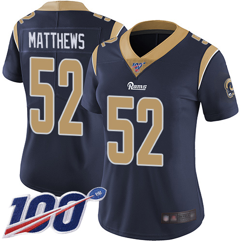 Rams #52 Clay Matthews Navy Blue Team Color Women's Stitched Football 100th Season Vapor Limited Jersey Rams #52 Clay Matthews Navy Blue Team Color Women's Stitched Football 100th Season Vapor Limited Jersey
