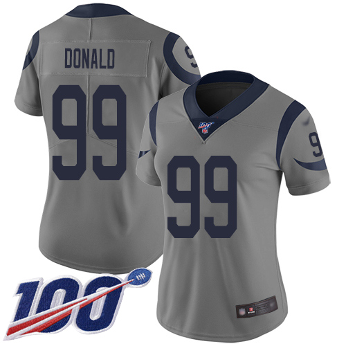 Rams #99 Aaron Donald Gray Women's Stitched Football Limited Inverted Legend 100th Season Jersey Rams #99 Aaron Donald Gray Women's Stitched Football Limited Inverted Legend 100th Season Jersey