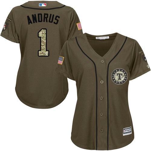 Rangers #1 Elvis Andrus Green Salute to Service Women's Stitched MLB Jersey Rangers #1 Elvis Andrus Green Salute to Service Women's Stitched MLB Jersey