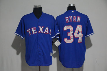 Rangers 34 Nolan Ryan Blue Team Logo Print Cool Base Jersey
