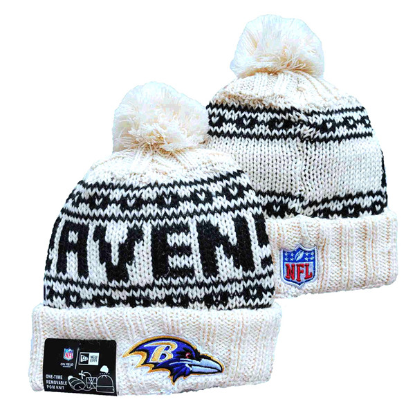 Ravens Team Logo Pom Cuffed White Knit Hat  YD