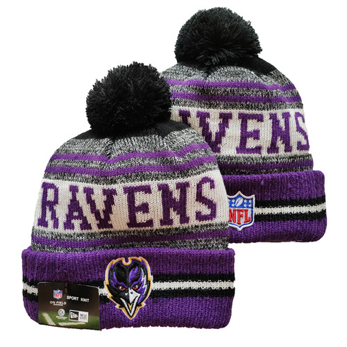 Ravens Team Logo Purple And Gray Pom Cuffed Knit Hat YD