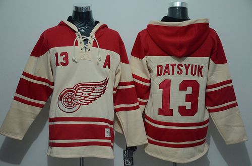 Red Wings #13 Pavel Datsyuk Cream Sawyer Hooded Sweatshirt
