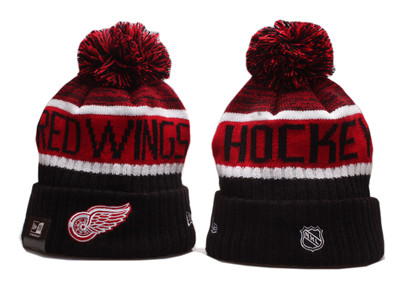 Red Wings Team Logo Red Black Wordmark Cuffed Pom Knit Hat YP