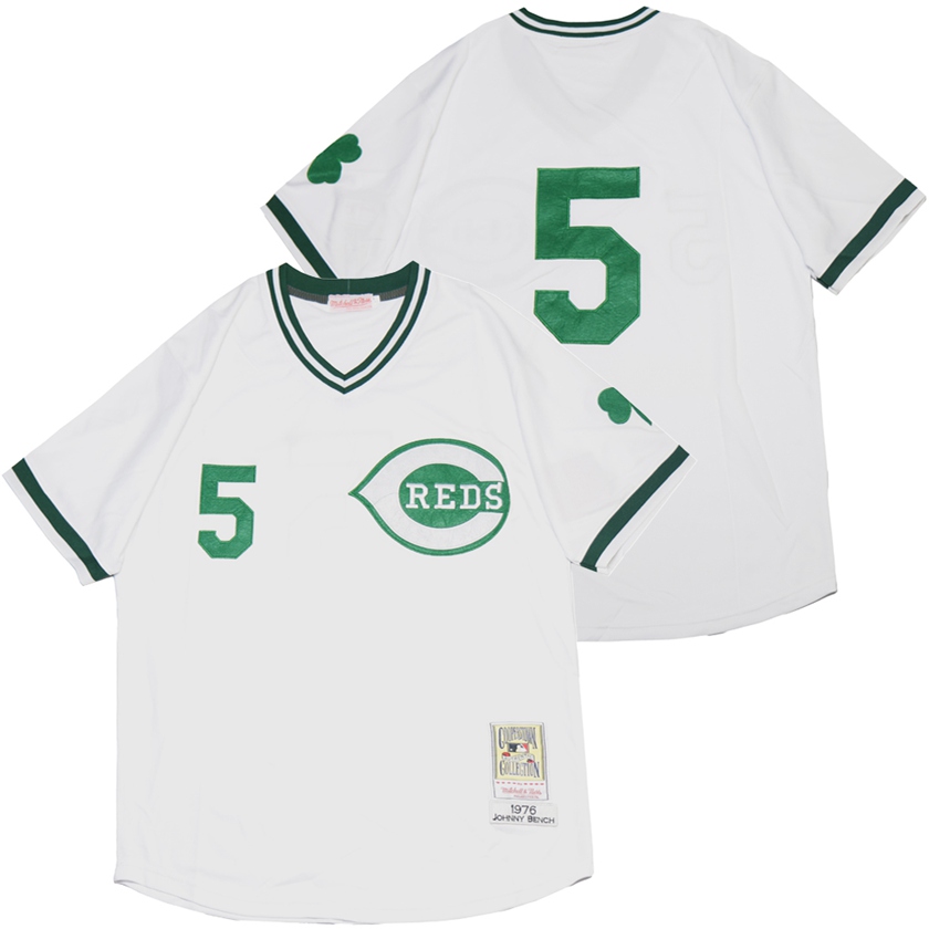 Reds 5 Johnny Bench White St. Patrick's Day Jersey Reds 5 Johnny Bench White St. Patrick's Day Jersey
