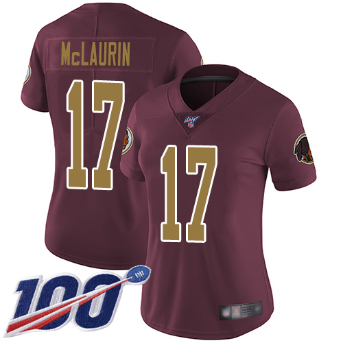 Redskins #17 Terry McLaurin Burgundy Red Alternate Women's Stitched Football 100th Season Vapor Limited Jersey Redskins #17 Terry McLaurin Burgundy Red Alternate Women's Stitched Football 100th Season Vapor Limited Jersey