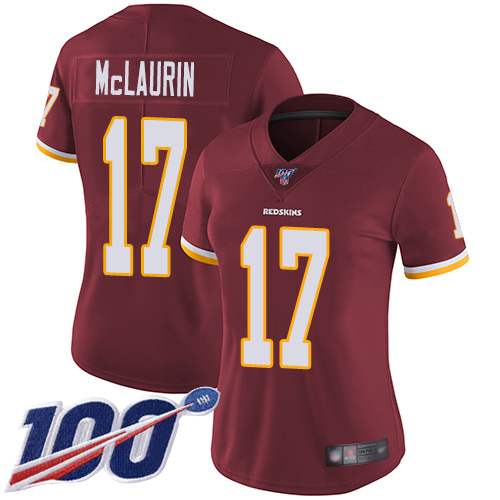 Redskins #17 Terry McLaurin Burgundy Red Team Color Women's Stitched Football 100th Season Vapor Limited Jersey Redskins #17 Terry McLaurin Burgundy Red Team Color Women's Stitched Football 100th Season Vapor Limited Jersey
