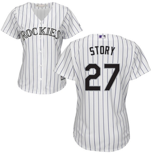 Rockies #27 Trevor Story White Strip Home Women's Stitched MLB Jersey Rockies #27 Trevor Story White Strip Home Women's Stitched MLB Jersey