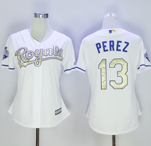 Royals #13 Salvador Perez White 2015 World Series Champions Gold Program Cool Base Women's Stitched MLB Jersey Royals #13 Salvador Perez White 2015 World Series Champions Gold Program Cool Base Women's Stitched MLB Jersey