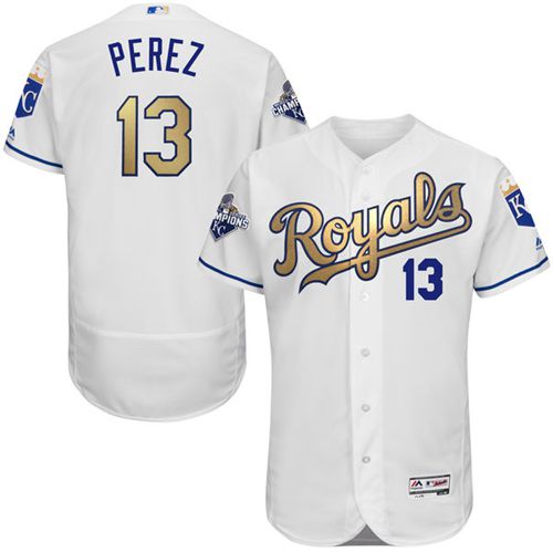 Royals #13 Salvador Perez White 2015 World Series Champions Gold Program FlexBase Authentic Stitched MLB Jersey