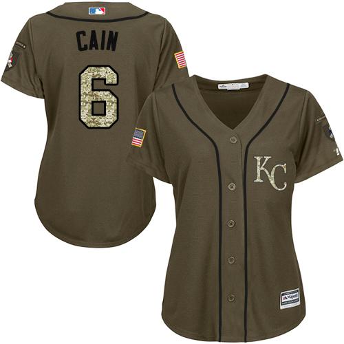 Royals #6 Lorenzo Cain Green Salute to Service Women's Stitched MLB Jersey Royals #6 Lorenzo Cain Green Salute to Service Women's Stitched MLB Jersey