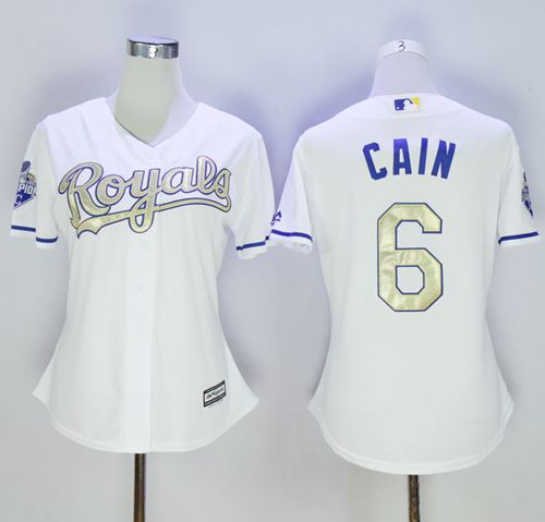 Royals #6 Lorenzo Cain White 2015 World Series Champions Gold Program Cool Base Women's Stitched MLB Jersey Royals #6 Lorenzo Cain White 2015 World Series Champions Gold Program Cool Base Women's Stitched MLB Jersey