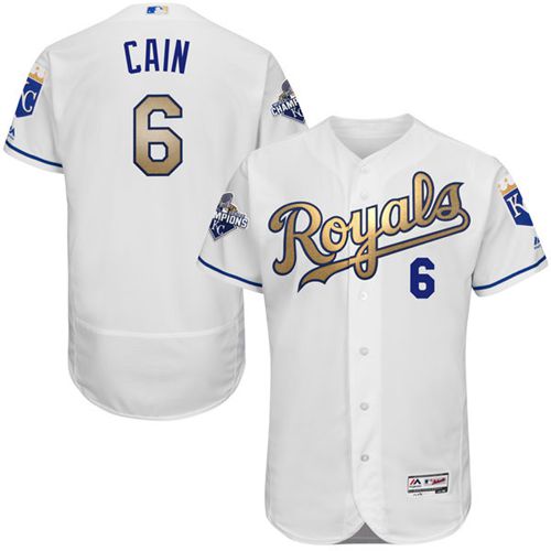 Royals #6 Lorenzo Cain White 2015 World Series Champions Gold Program FlexBase Authentic Stitched MLB Jersey