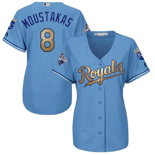 Royals #8 Mike Moustakas Light Blue Women's 2015 World Series Champions Gold Program Cool Base Stitched MLB Jersey Royals #8 Mike Moustakas Light Blue Women's 2015 World Series Champions Gold Program Cool Base Stitched MLB Jersey