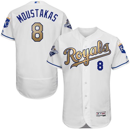 Royals #8 Mike Moustakas White 2015 World Series Champions Gold Program FlexBase Authentic Stitched MLB Jersey