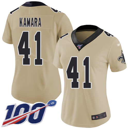 Saints #41 Alvin Kamara Gold Women's Stitched Football Limited Inverted Legend 100th Season Jersey Saints #41 Alvin Kamara Gold Women's Stitched Football Limited Inverted Legend 100th Season Jersey