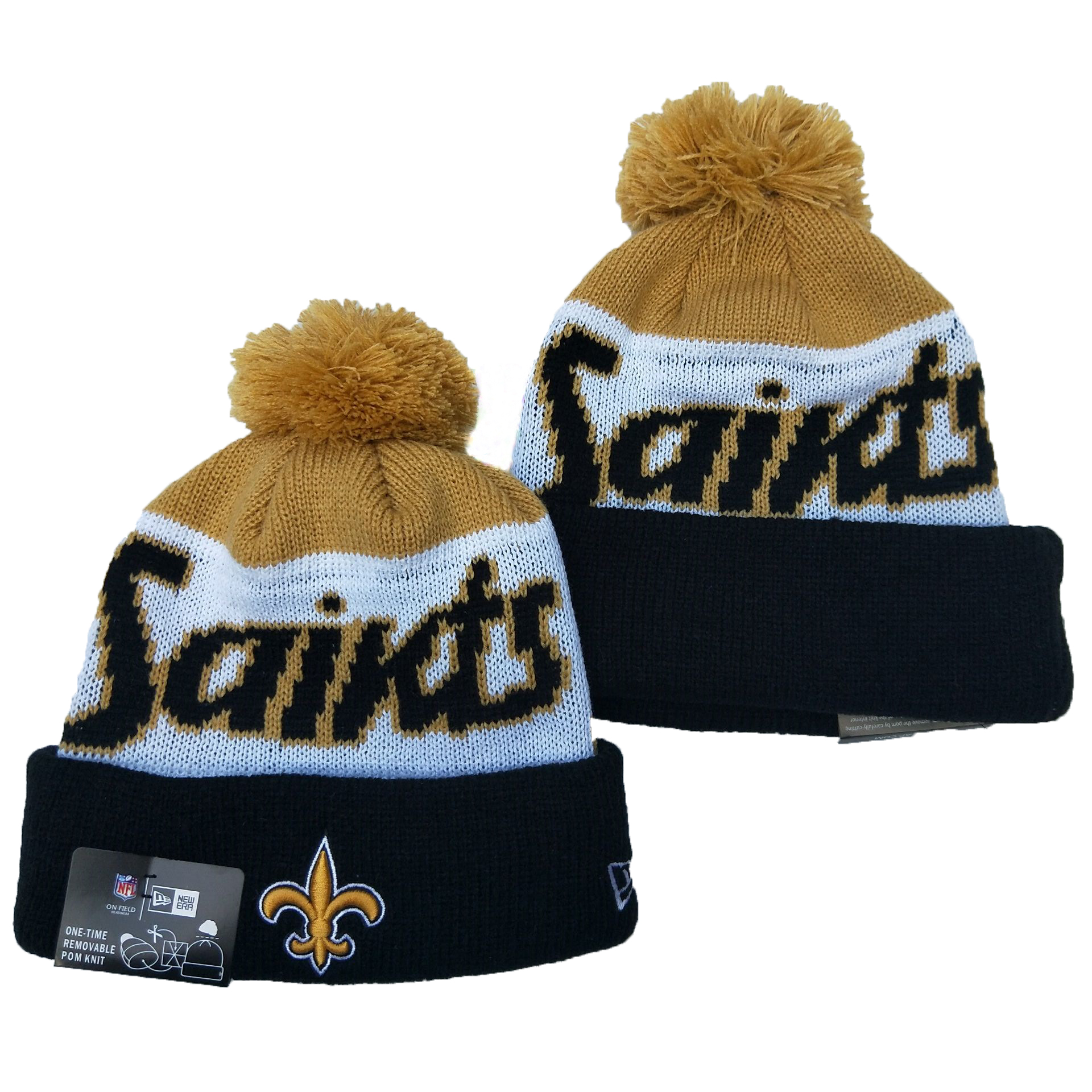 Saints Team Logo Cream White Black Pom Knit Hat YD