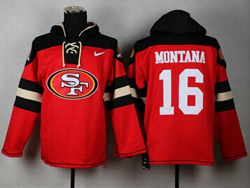 San Francisco 49ers #16 Joe Montana Black_Red Sawyer Hooded Sweatshirt Stitched Jersey San Francisco 49ers #16 Joe Montana Black_Red Sawyer Hooded Sweatshirt Stitched Jersey