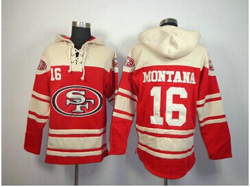 San Francisco 49ers #16 Joe Montana Red Sawyer Hooded Sweatshirt Stitched Jersey
