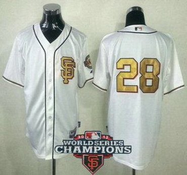 San Francisco Giants 28 Buster Posey Cream Gold Number 2012 World Series Champions Patch MLB Jerseys