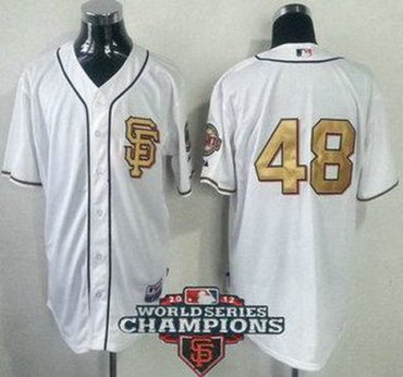 San Francisco Giants 48 Pablo Sandoval Cream Gold Number 2012 World Series Champions Patch MLB Jerseys