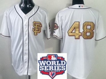 San Francisco Giants 48 Pablo Sandoval Cream Gold Number 2012 World Series Patch MLB Jerseys