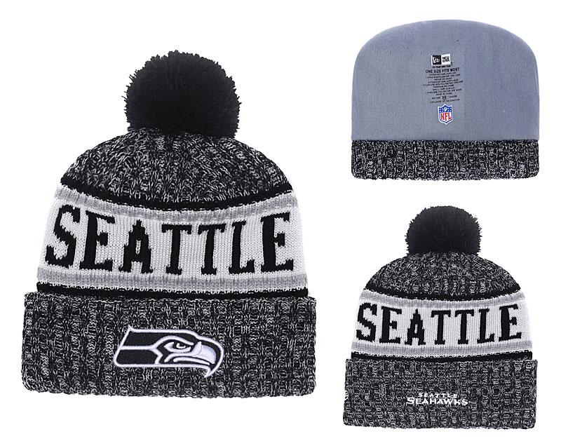 Seahawks Black 2018 NFL Sideline Pom Knit Hat YD