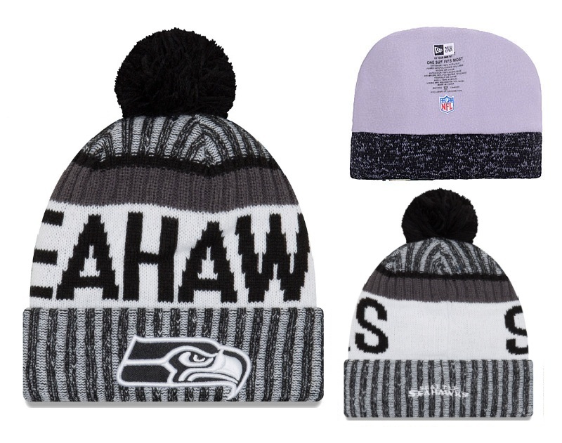 Seahawks Black White 2017 NFL Sideline Pom Knit Hat YD