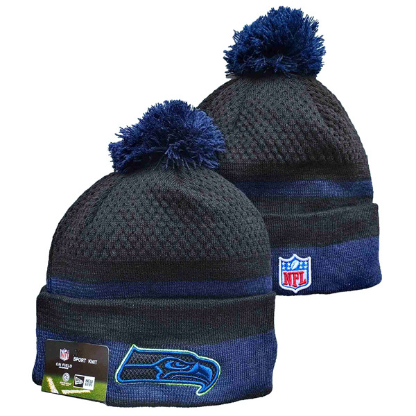 Seahawks Team Logo Black And Navy Pom Cuffed Knit Hat YD