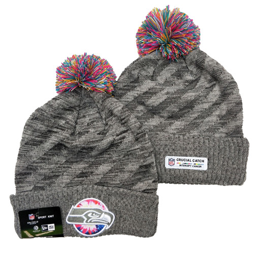 Seahawks Team Logo Gray 2020 NFL Crucial Catch Sport Pom Cuffed Knit Hat YD