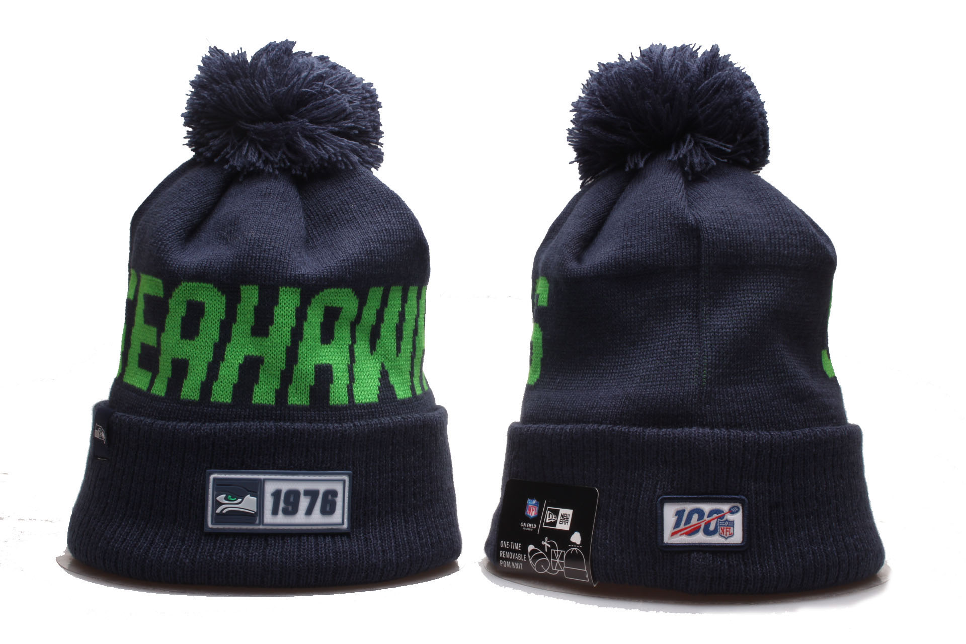Seahawks Team Logo Navy 100th Season Pom Knit Hat YD